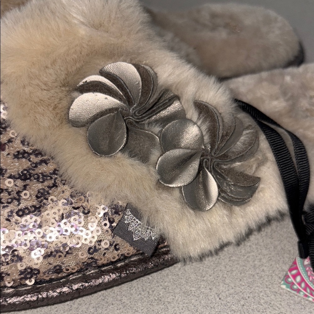 Leopard Print Sequin Brown and Cream Cozy Slippers with Plush Trim - Picture 4 of 6